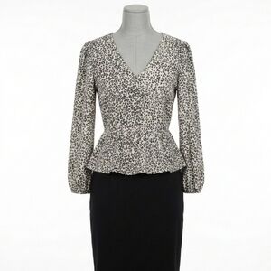 Nine West Animal Print V-Neck Peplum Blouse~Size Large~NWOT